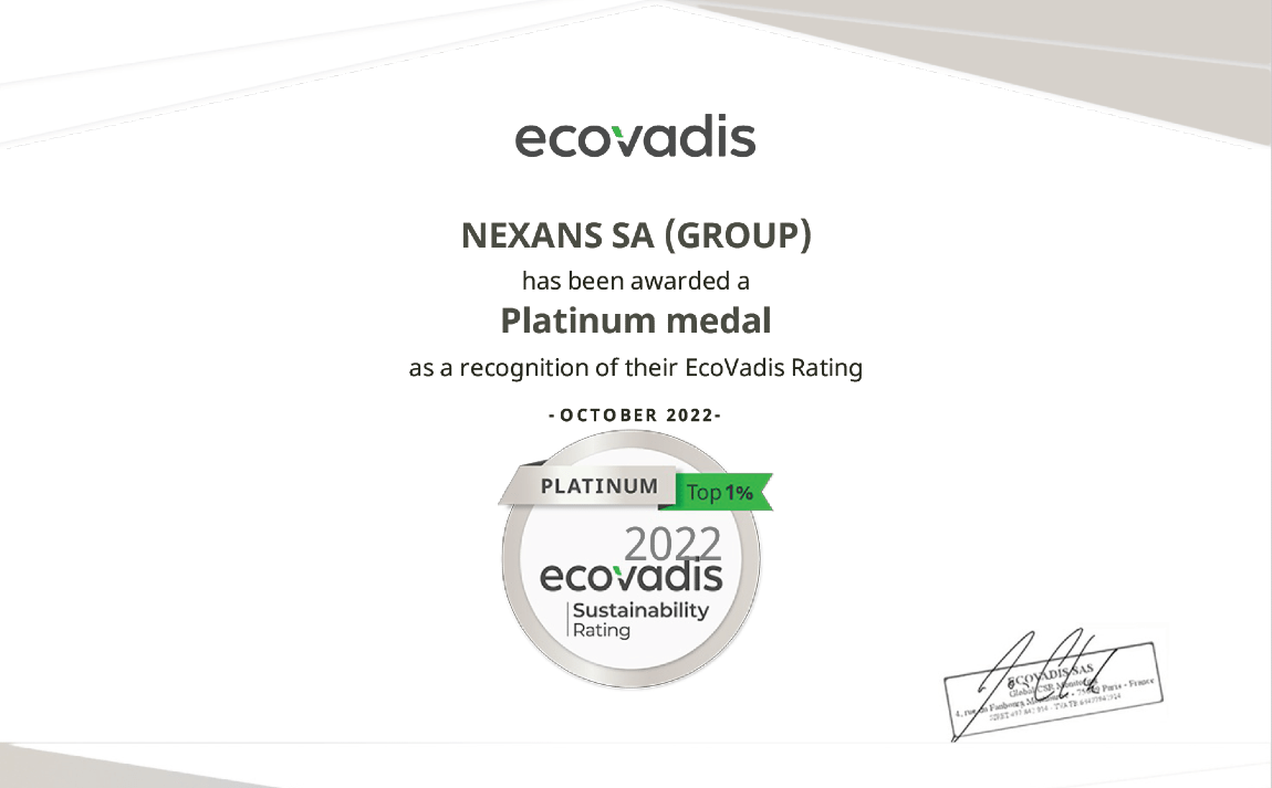 Nexans was awarded a Platinum Medal for its CSR performance evaluation by EcoVadis