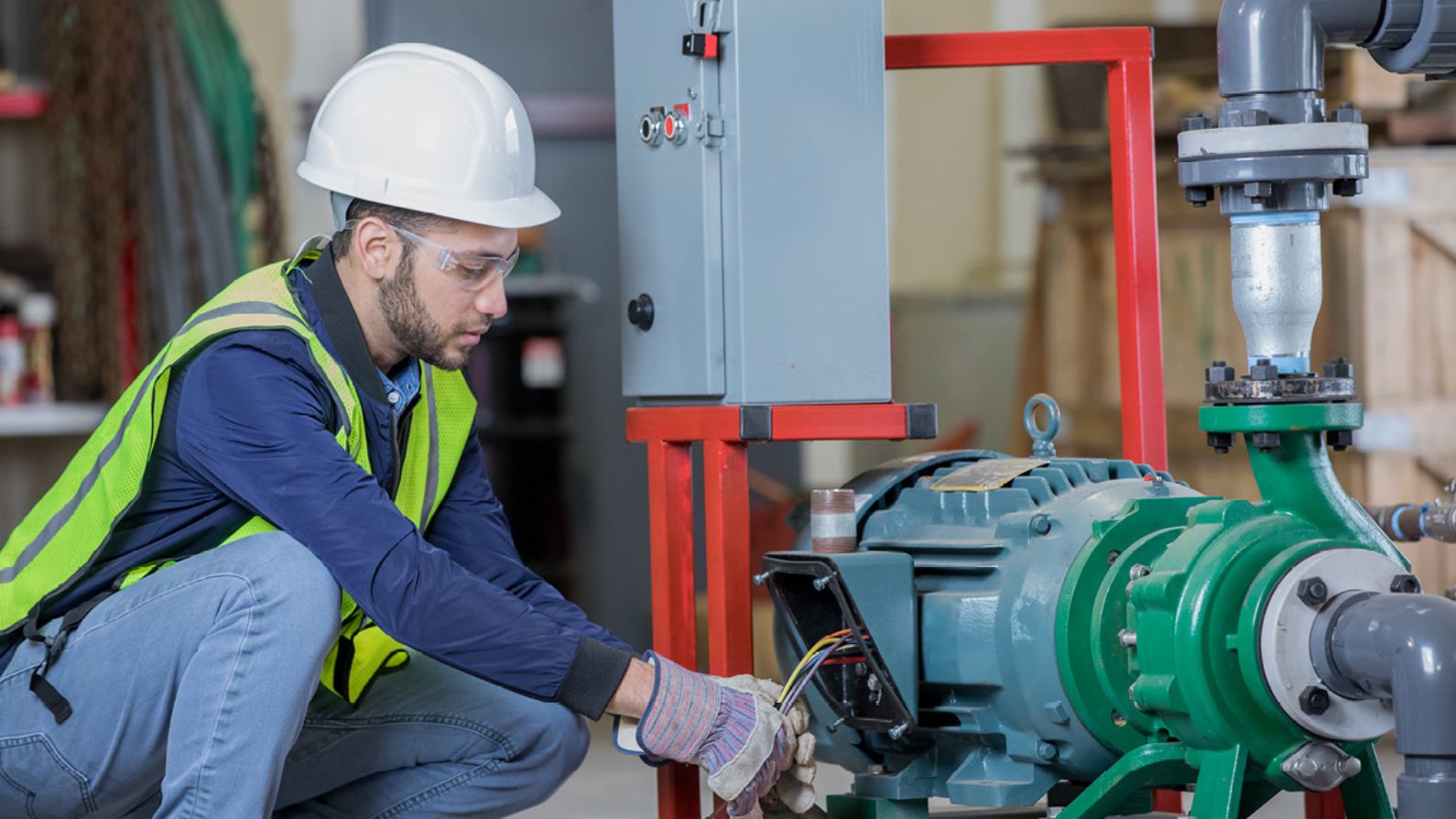 Engineer working on a motor at an oil and gas industry job site